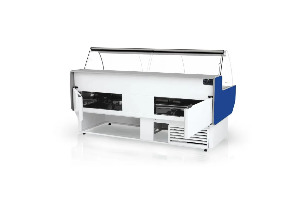 Lada chłodnicza szyba gięta, blat nierdzewny, boki PS-HIPS RAPA L-B1/79/107