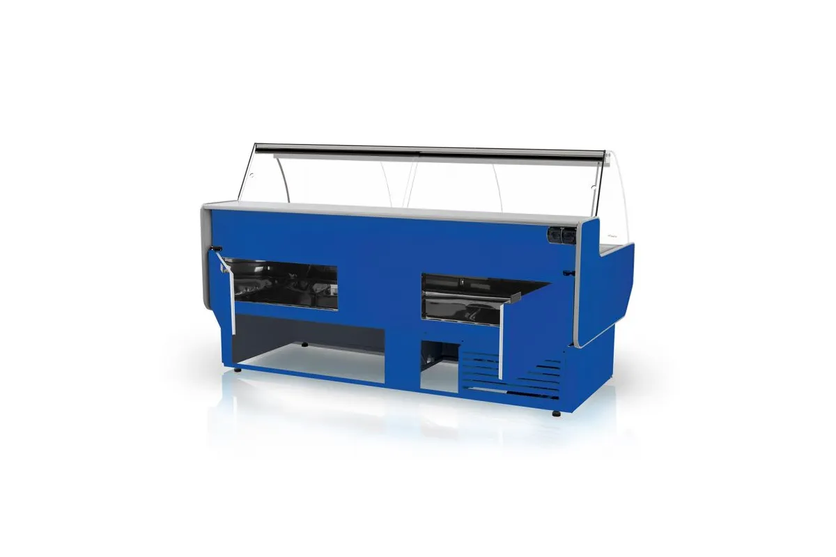 Lada chłodnicza szyba gięta, blat nierdzewny, bokami PS-HIPS, osłona stopek, LED, korpus w kolorze RAPA L-B2/122/107