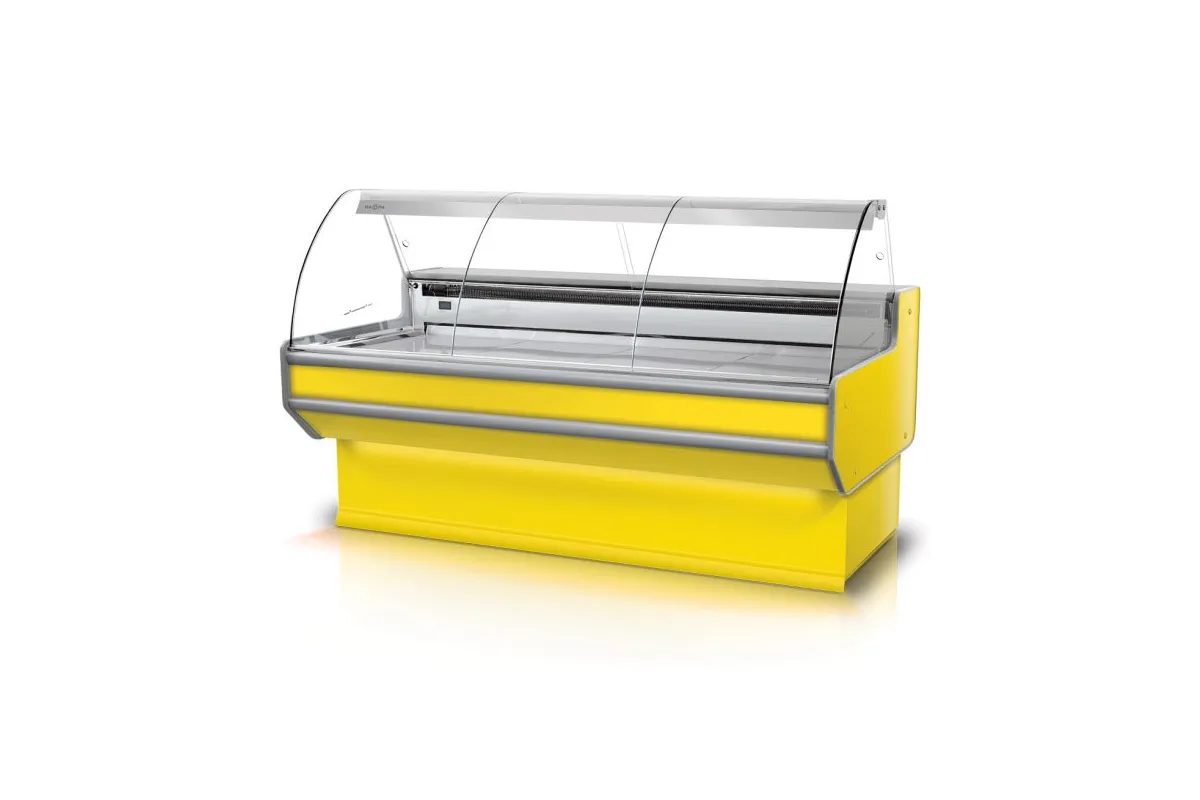 Lada chłodnicza szyba gięta, blat nierdzewny, bokami PS-HIPS, osłona stopek, LED, korpus w kolorze RAPA L-B2/122/90