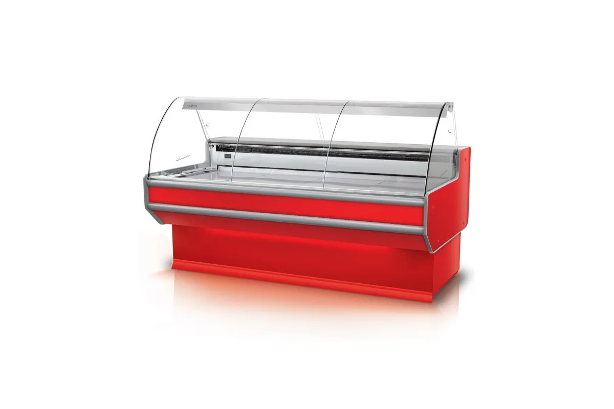 Lada chłodnicza szyba gięta, blat nierdzewny, bokami PS-HIPS, osłona stopek, LED, korpus w kolorze RAPA L-B2/79/107