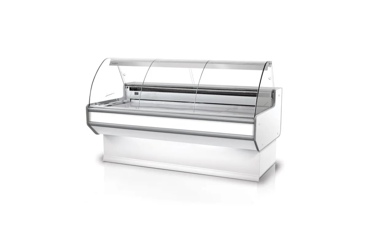 Lada chłodnicza szyba gięta, blat nierdzewny, bokami PS-HIPS, osłona stopek, LED, korpus w kolorze RAPA L-B2/179/90