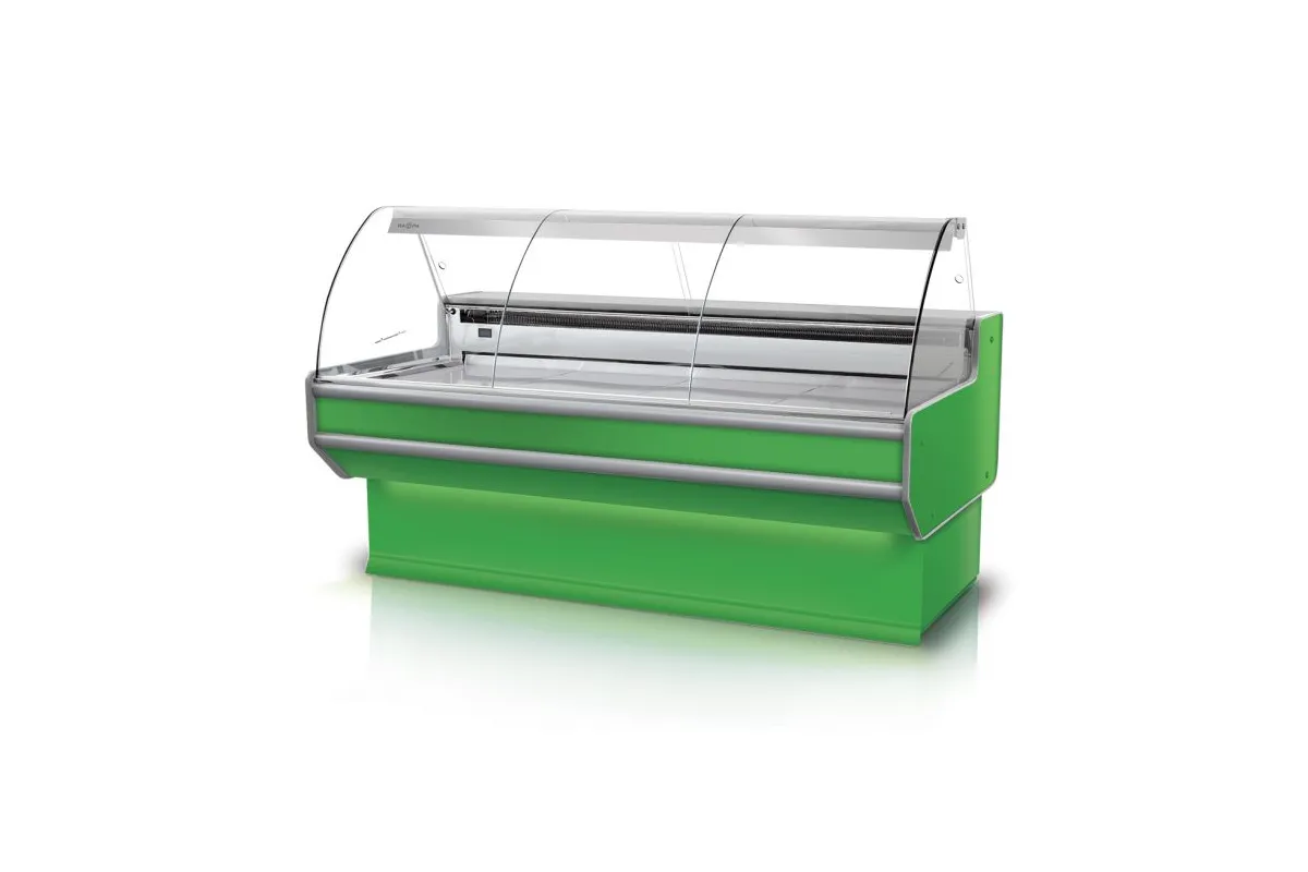 Lada chłodnicza szyba gięta, blat nierdzewny, bokami PS-HIPS, osłona stopek, LED, korpus w kolorze RAPA L-B2/79/90