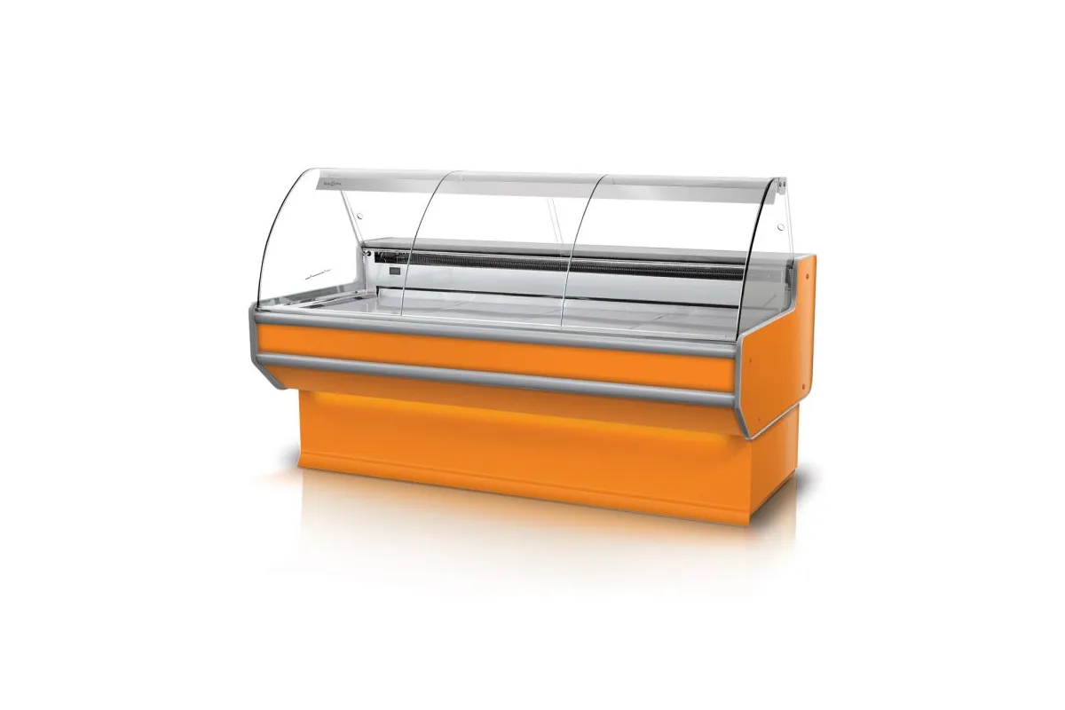 Lada chłodnicza szyba gięta, blat nierdzewny, bokami PS-HIPS, osłona stopek, LED, korpus w kolorze RAPA L-B2/79/90