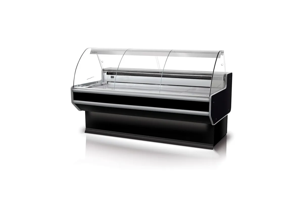 Lada chłodnicza szyba gięta, blat nierdzewny, bokami PS-HIPS, osłona stopek, LED, korpus w kolorze RAPA L-B2/79/90