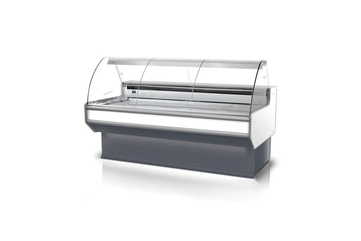 Lada chłodnicza szyba gięta, blat nierdzewny, bokami PS-HIPS, osłona stopek, LED, korpus w kolorze RAPA L-B2/137/107