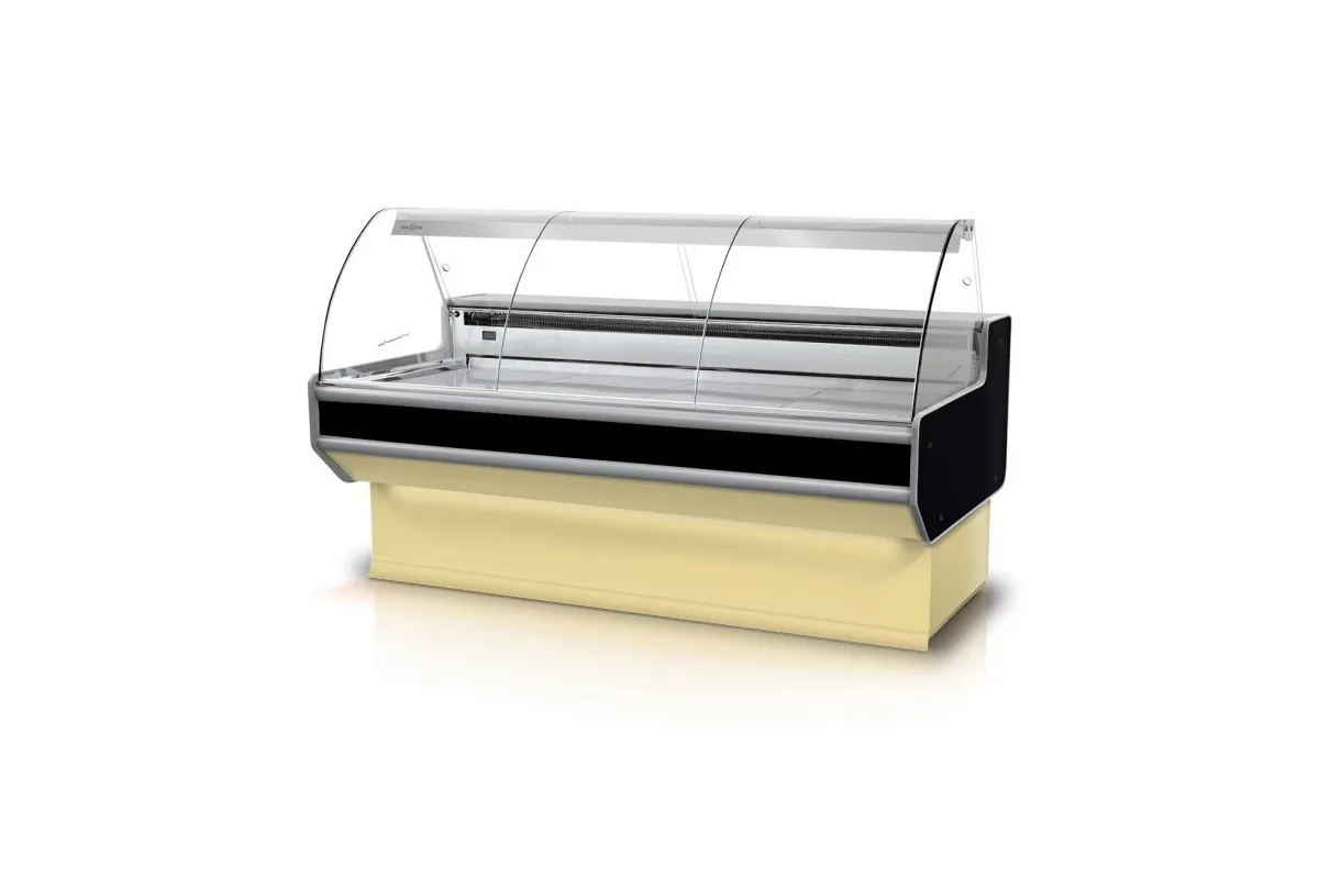 Lada chłodnicza szyba gięta, blat nierdzewny, bokami PS-HIPS, osłona stopek, LED, korpus w kolorze RAPA L-B2/79/90