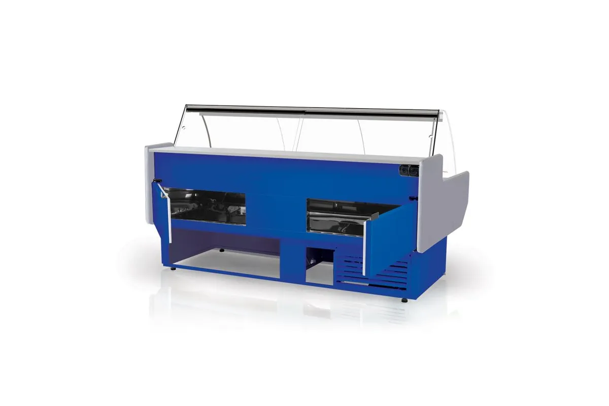 Lada chłodnicza szyba gięta, blat nierdzewny, boki PS-HIPS, osłona stopek, LED RAPA L-B3/79/107