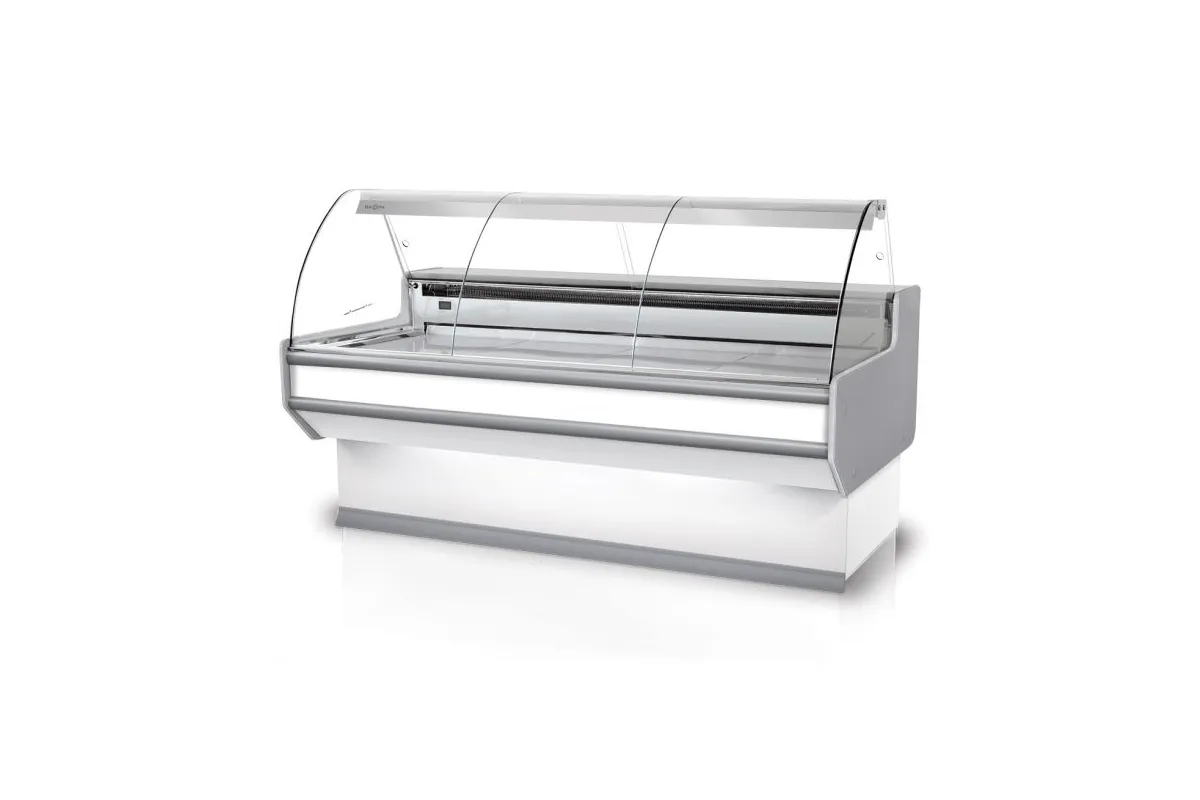 Lada chłodnicza szyba gięta, blat nierdzewny, boki PS-HIPS, osłona stopek, LED RAPA L-B3/79/107