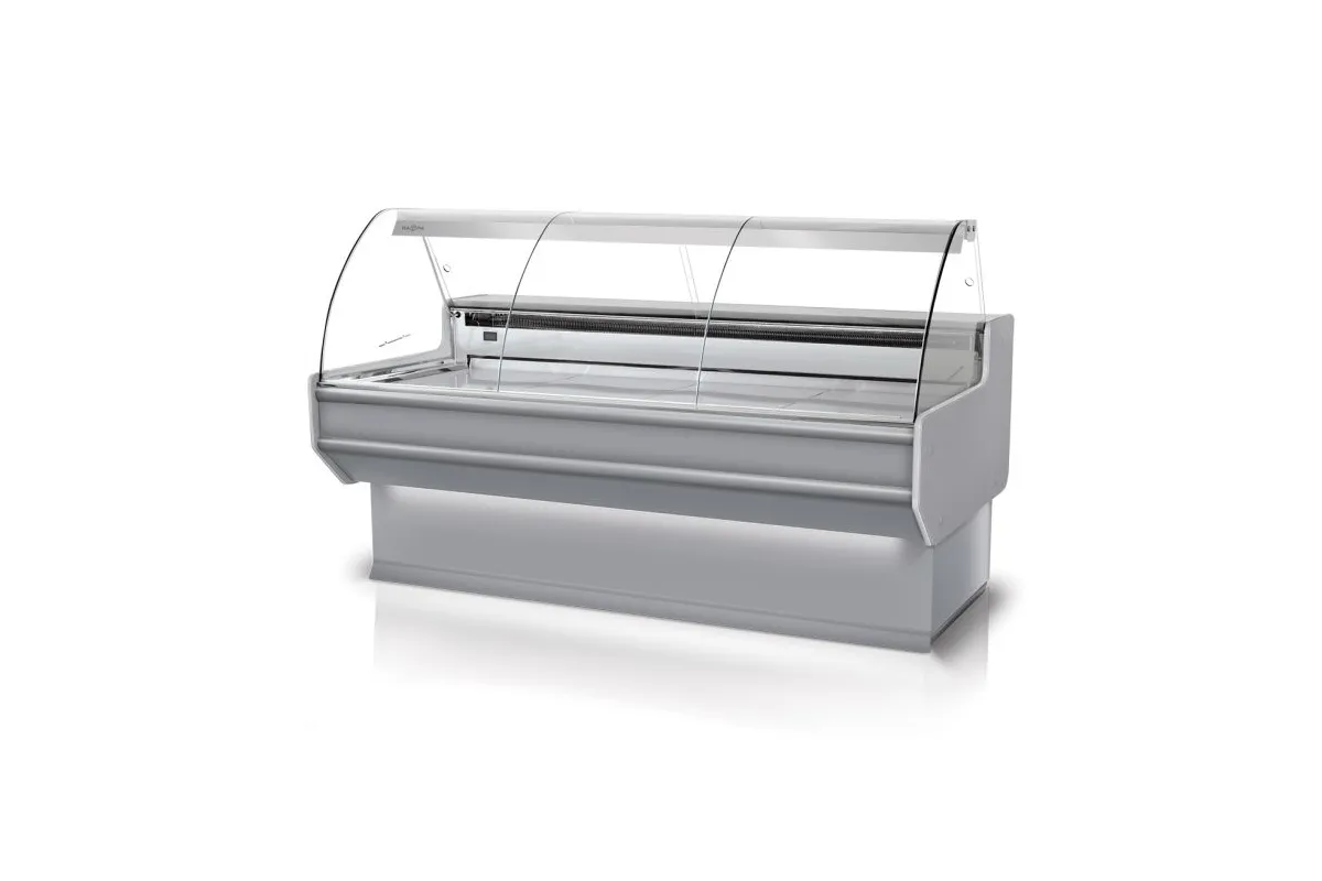 Lada chłodnicza szyba gięta, blat nierdzewny, boki PS-HIPS, osłona stopek, LED RAPA L-B3/137/107