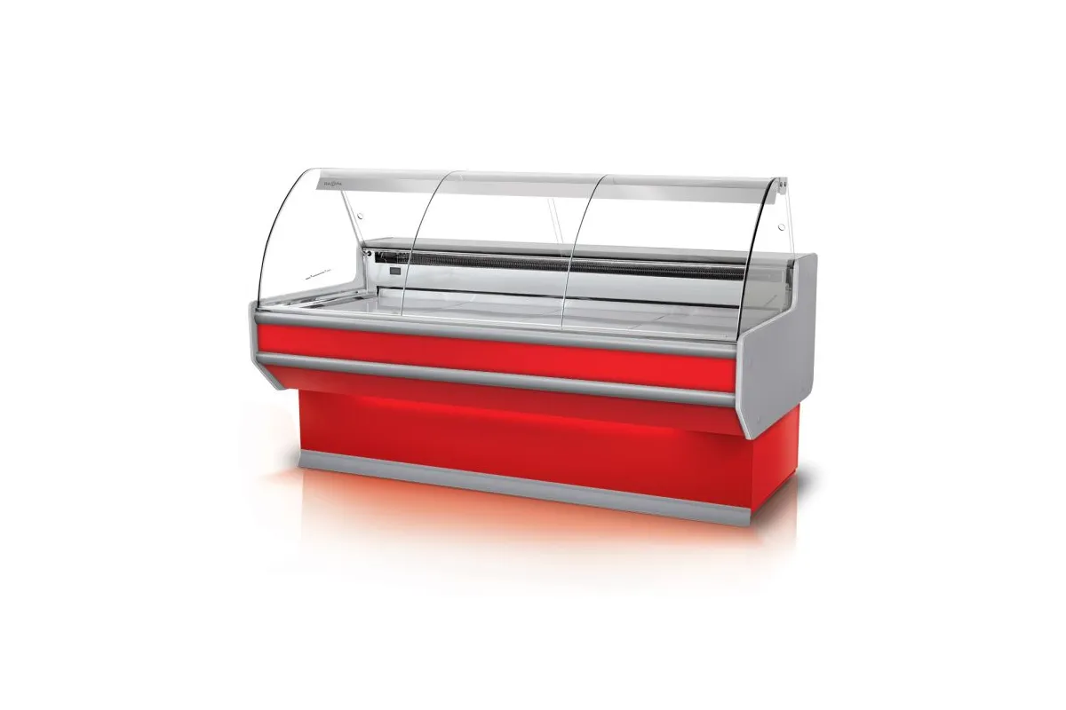 Lada chłodnicza szyba gięta, blat nierdzewny, boki PS-HIPS, osłona stopek, LED RAPA L-B3/152/107