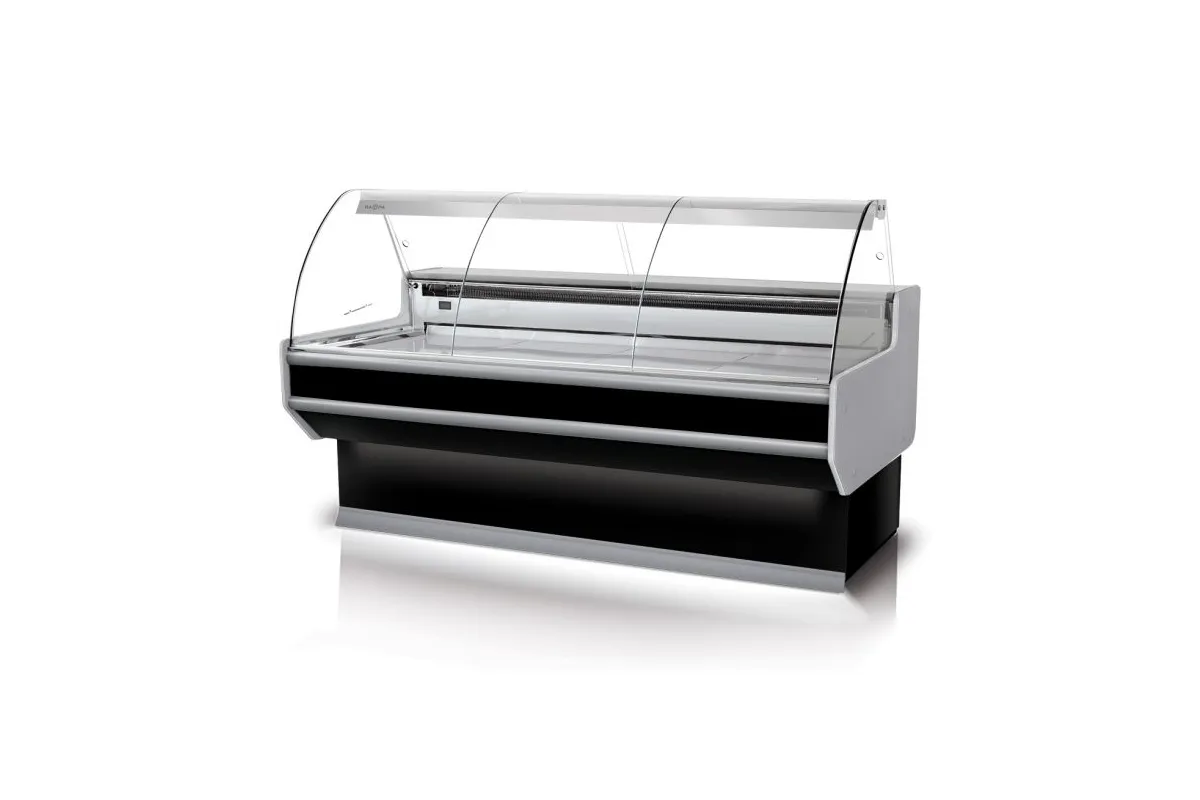 Lada chłodnicza szyba gięta, blat nierdzewny, boki PS-HIPS, osłona stopek, LED RAPA L-B3/152/107