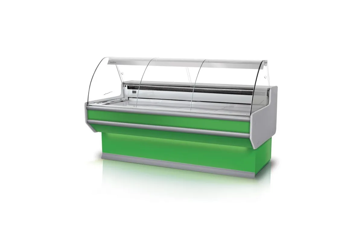 Lada chłodnicza szyba gięta, blat nierdzewny, boki PS-HIPS, osłona stopek, LED RAPA L-B3/201/107