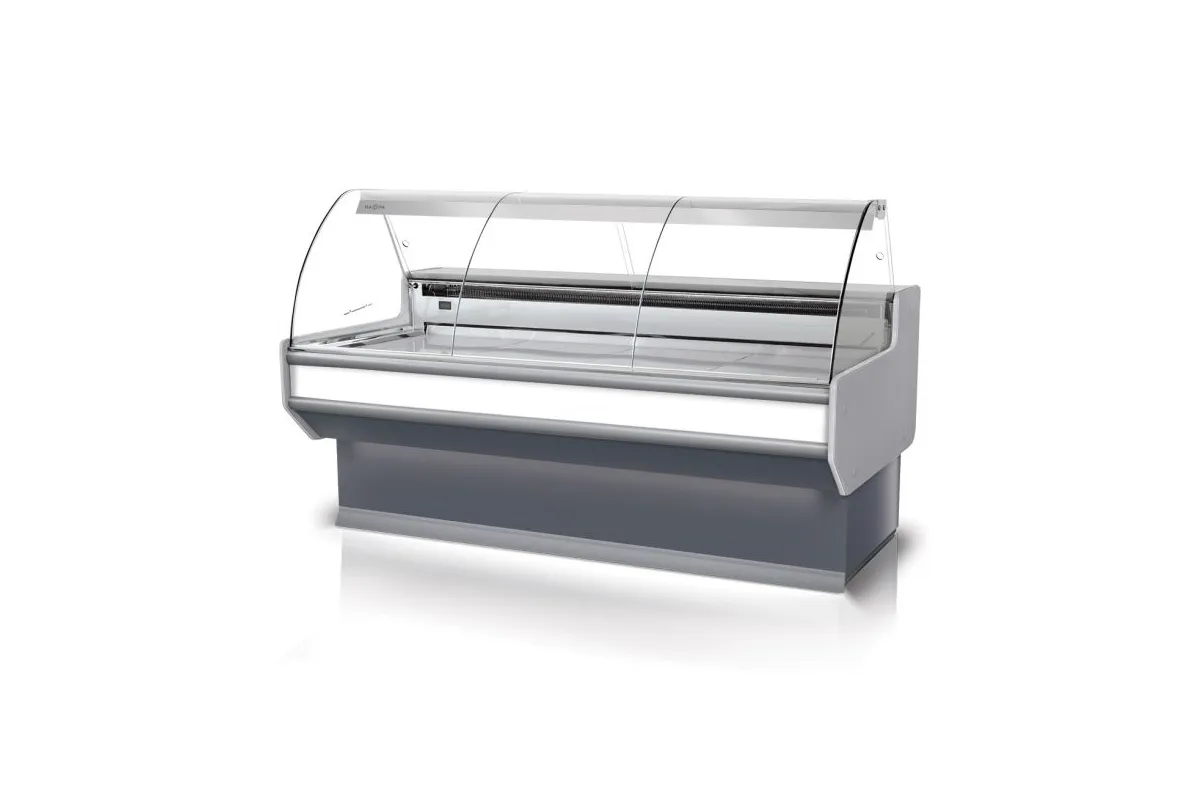 Lada chłodnicza szyba gięta, blat nierdzewny, boki PS-HIPS, osłona stopek, LED RAPA L-B3/79/107