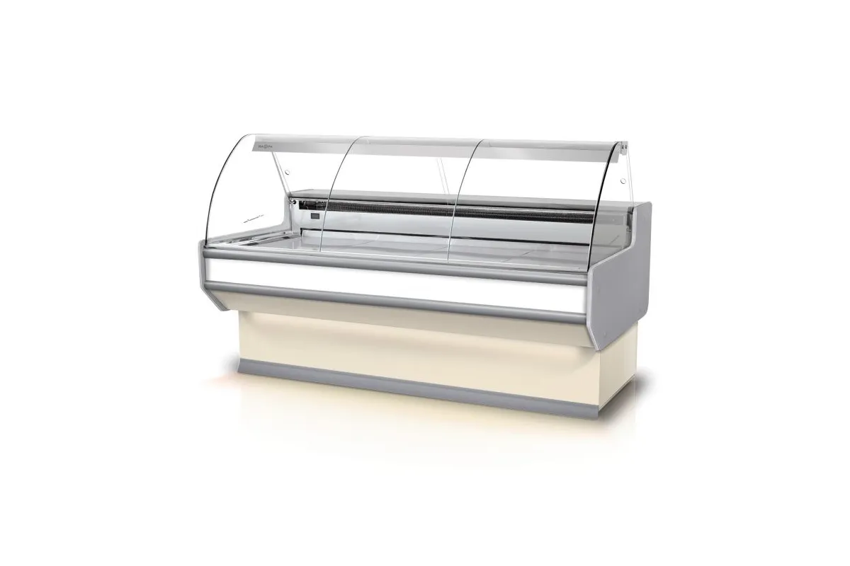 Lada chłodnicza szyba gięta, blat nierdzewny, boki PS-HIPS, osłona stopek, LED RAPA L-B3/152/107