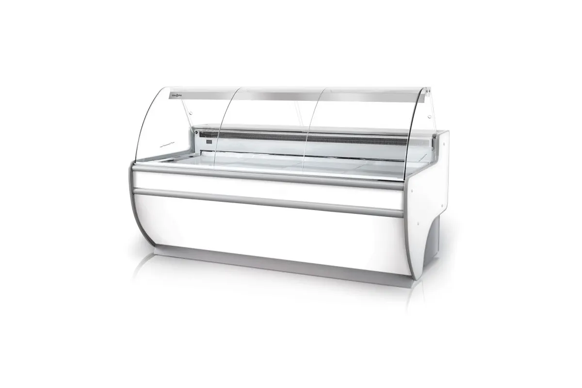 Lada chłodnicza, szyba gięta, blat nierdzewny, podświetlany spód, osłona stopek, boki PS-HIPS, RAPA L-D/79/107