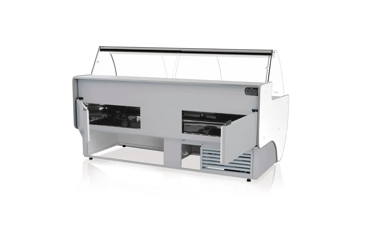 Lada chłodnicza, szyba gięta, blat nierdzewny, podświetlany spód, osłona stopek, boki PS-HIPS, RAPA L-D/137/107