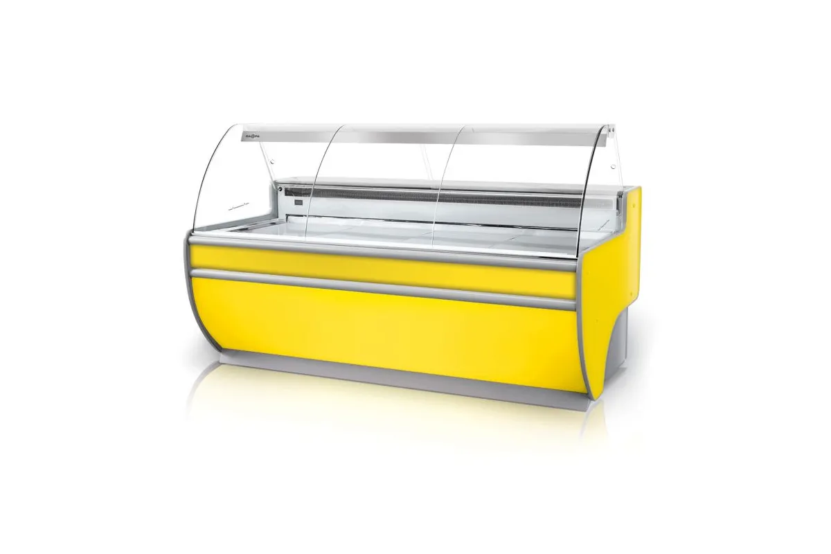 Lada chłodnicza, szyba gięta, blat nierdzewny, podświetlany spód, osłona stopek, boki PS-HIPS, RAPA L-D/137/90