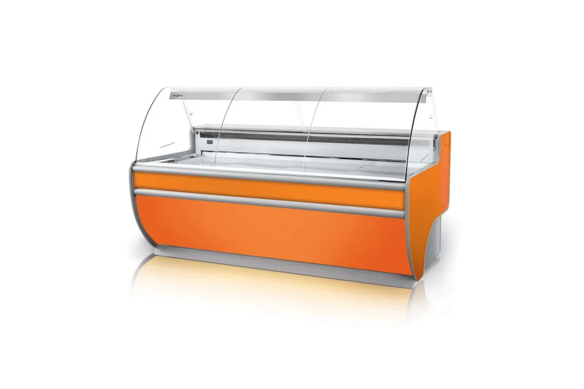 Lada chłodnicza, szyba gięta, blat nierdzewny, podświetlany spód, osłona stopek, boki PS-HIPS, RAPA L-D/137/90