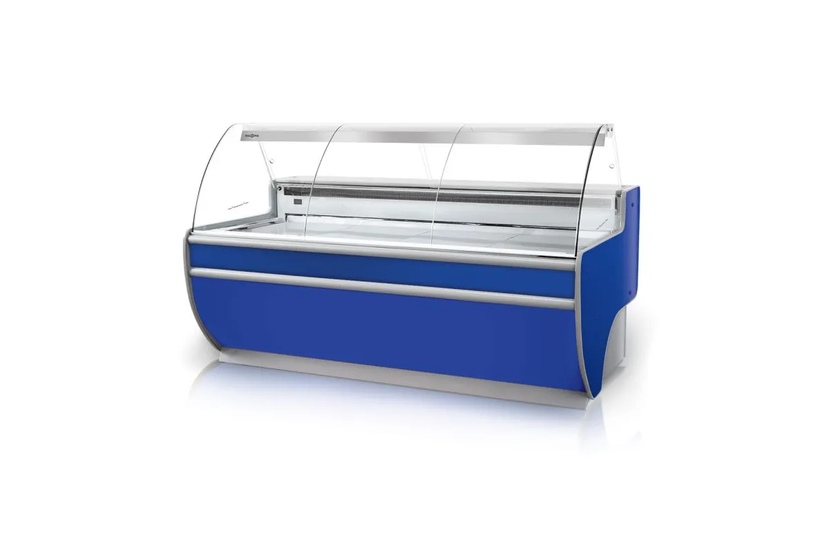 Lada chłodnicza, szyba gięta, blat nierdzewny, podświetlany spód, osłona stopek, boki PS-HIPS, RAPA L-D/122/90