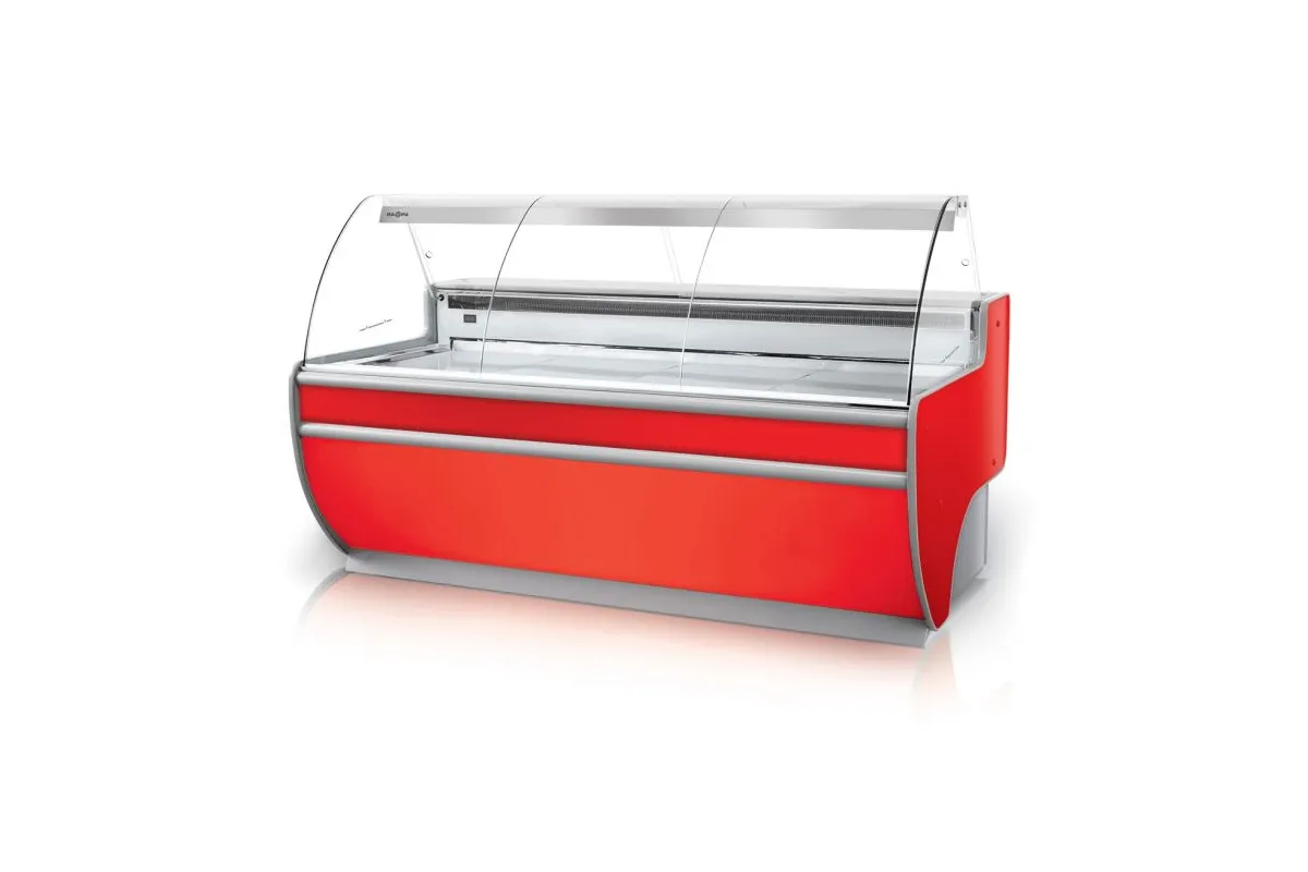 Lada chłodnicza, szyba gięta, blat nierdzewny, podświetlany spód, osłona stopek, boki PS-HIPS, RAPA L-D/137/107