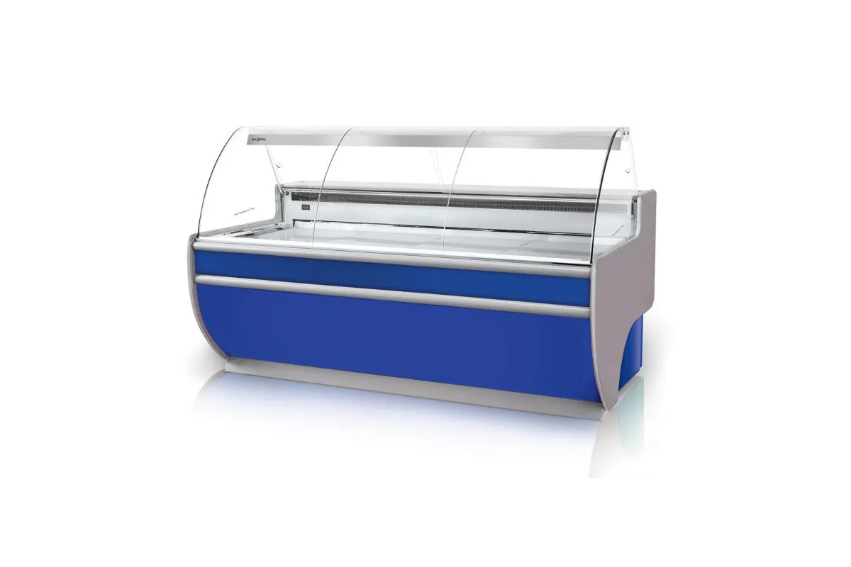 Lada chłodnicza, szyba gięta, blat nierdzewny, podświetlany spód, osłona stopek, boki PS-HIPS, RAPA L-D3/79/107