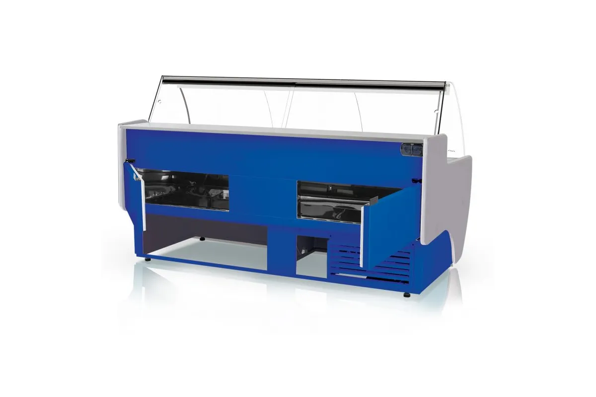 Lada chłodnicza, szyba gięta, blat nierdzewny, podświetlany spód, osłona stopek, boki PS-HIPS, RAPA L-D3/137/107