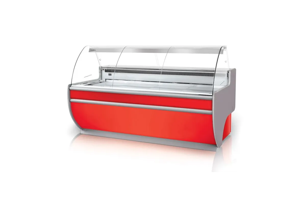 Lada chłodnicza, szyba gięta, blat nierdzewny, podświetlany spód, osłona stopek, boki PS-HIPS, RAPA L-D3/152/107