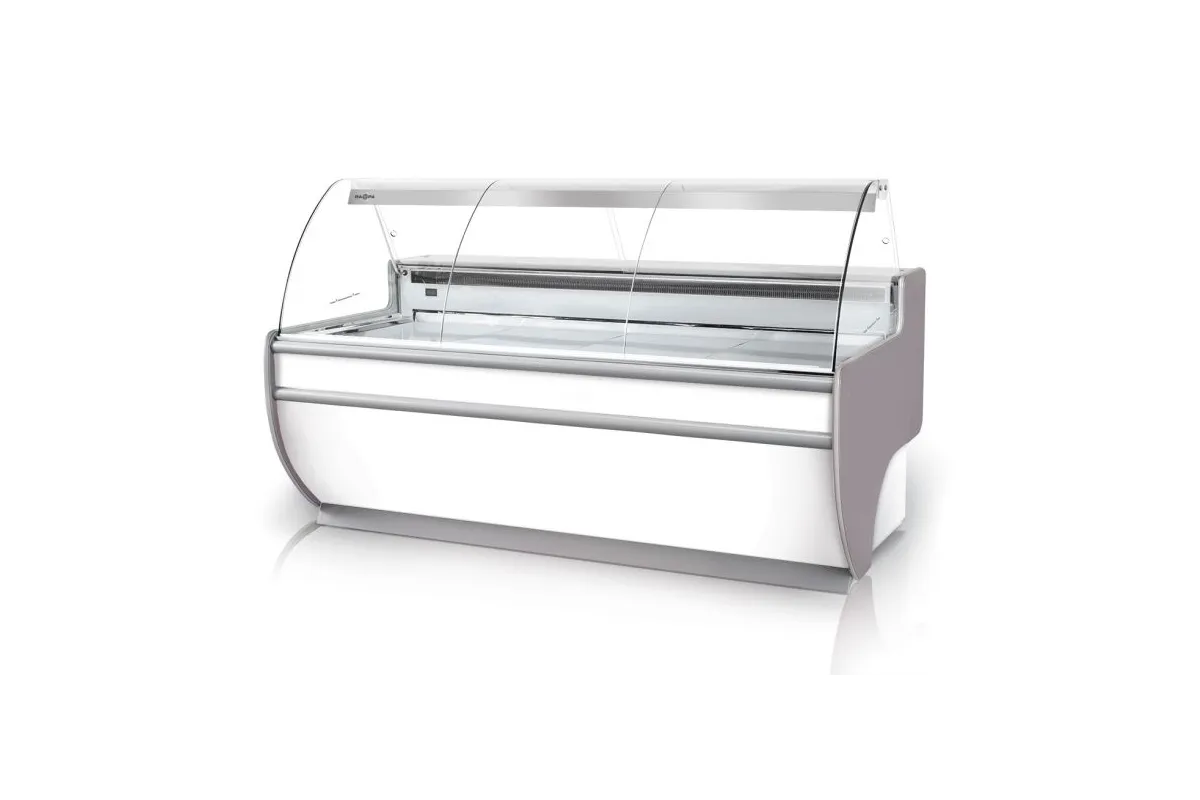 Lada chłodnicza, szyba gięta, blat nierdzewny, podświetlany spód, osłona stopek, boki PS-HIPS, RAPA L-D3/137/107