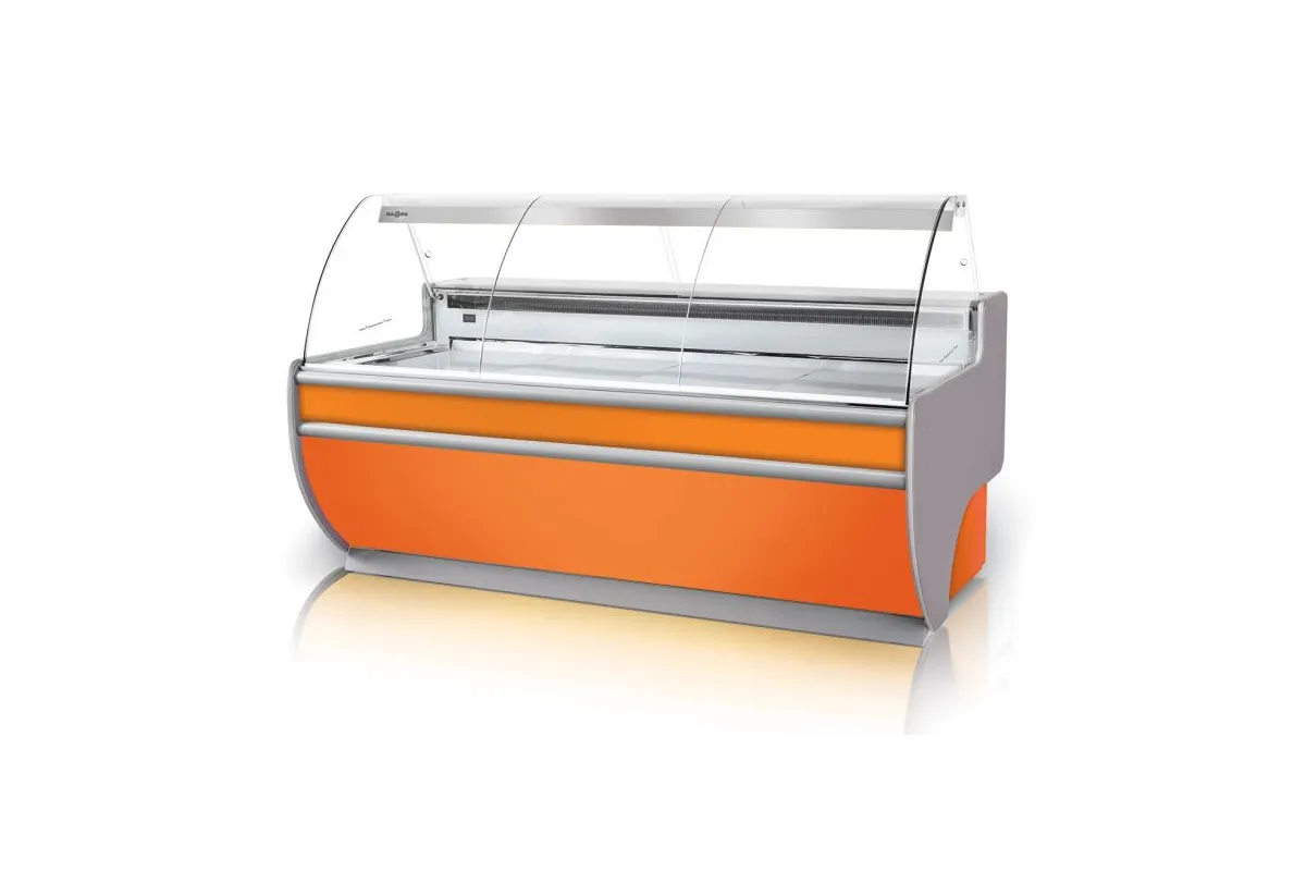 Lada chłodnicza, szyba gięta, blat nierdzewny, podświetlany spód, osłona stopek, boki PS-HIPS, RAPA L-D3/179/107