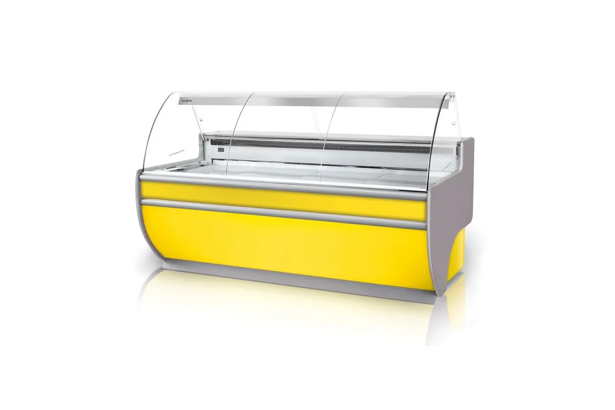 Lada chłodnicza, szyba gięta, blat nierdzewny, podświetlany spód, osłona stopek, boki PS-HIPS, RAPA L-D3/79/107