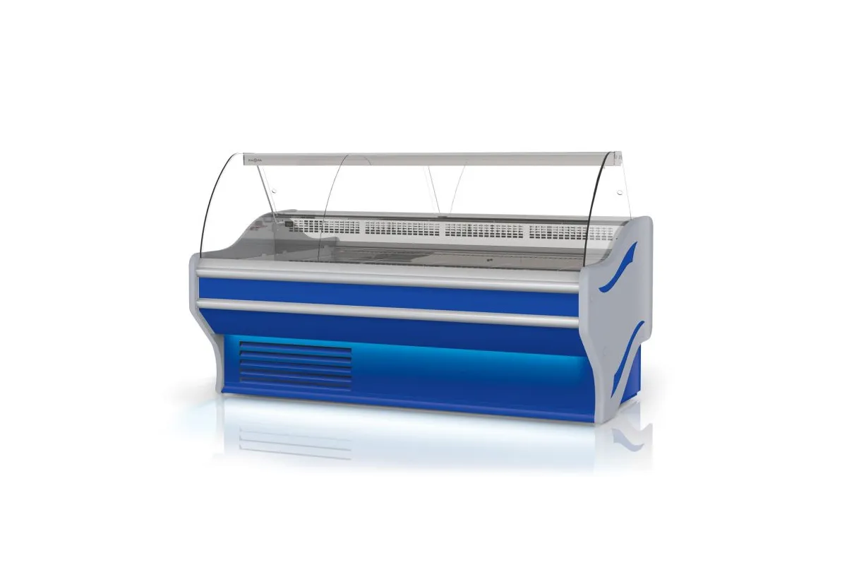 Lada chłodnicza, szyba gięta, blat nierdzewny, boki PS-HIPS, osłona stopek, LED RAPA L-E/138/107