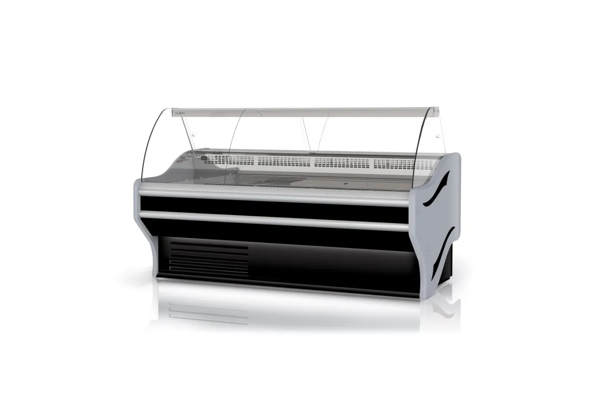 Lada chłodnicza, szyba gięta, blat nierdzewny, boki PS-HIPS, osłona stopek, LED RAPA L-E/153/107