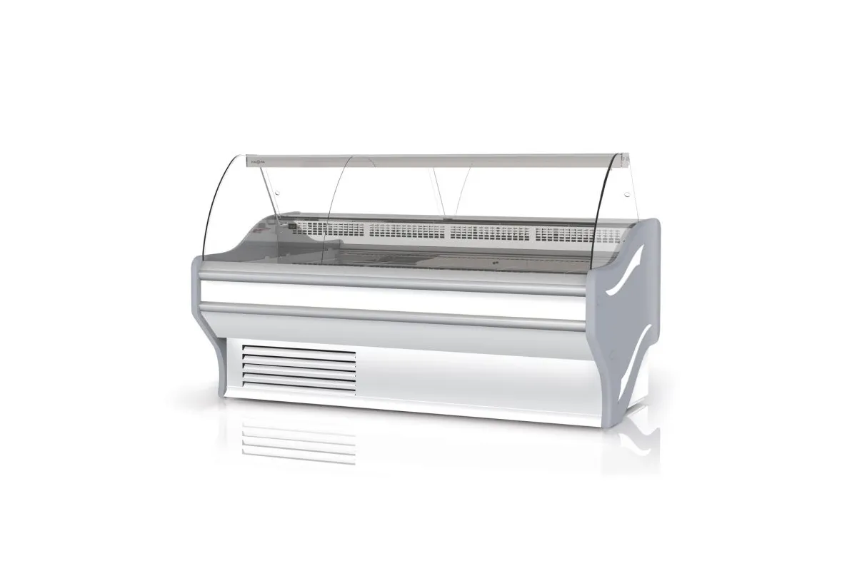 Lada chłodnicza, szyba gięta, blat nierdzewny, boki PS-HIPS, osłona stopek, LED RAPA L-E/153/107