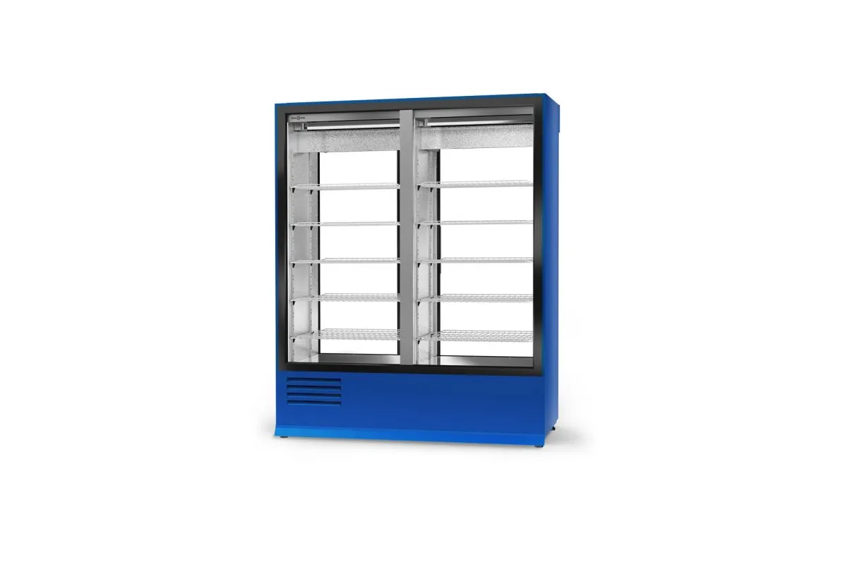 Szafa chłodnicza, dwustronnie przeszklona z szybą stałą od strony klienta, oświetlenie LED oraz z osłoną stopek, typ standard 3