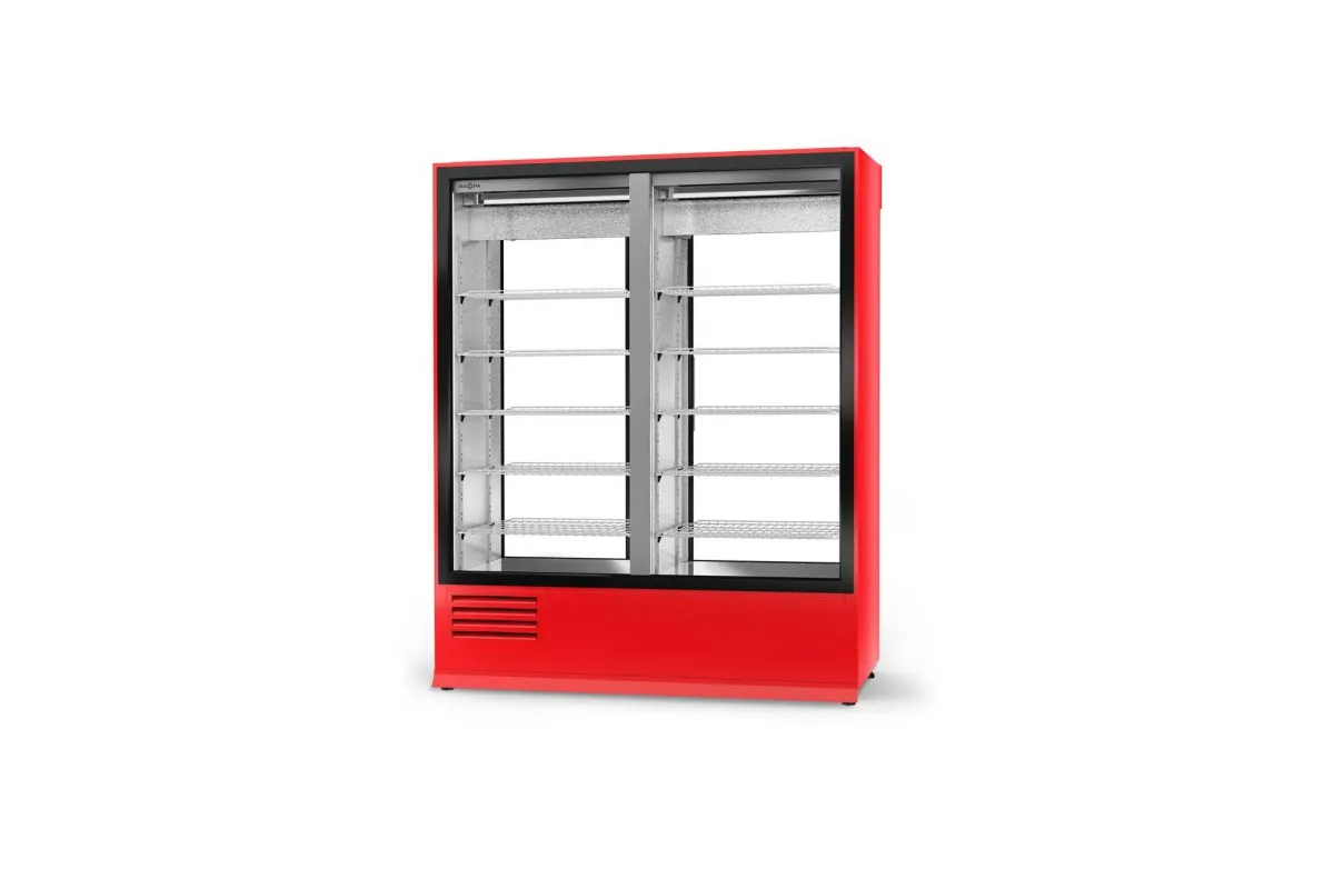 Szafa chłodnicza, dwustronnie przeszklona z szybą stałą od strony klienta, oświetlenie LED oraz z osłoną stopek, typ standard 3