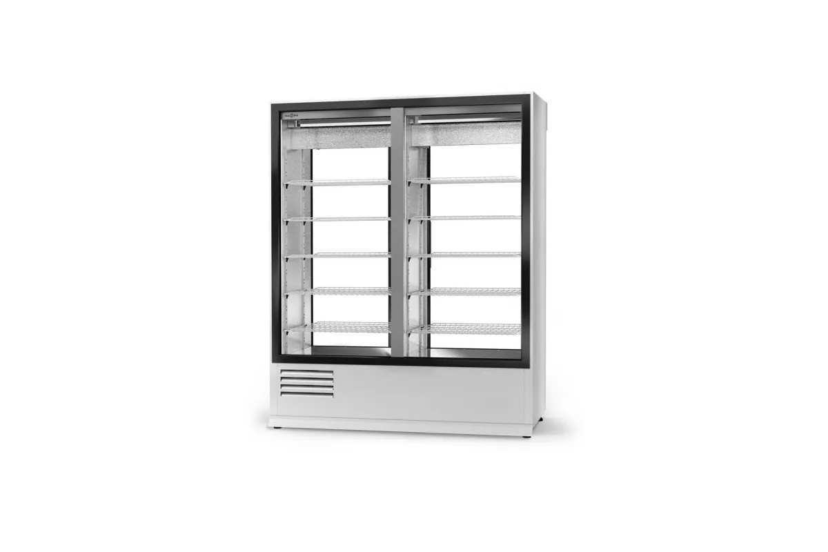 Szafa chłodnicza, dwustronnie przeszklona z szybą stałą od strony klienta, oświetlenie LED oraz z osłoną stopek, typ standard 3