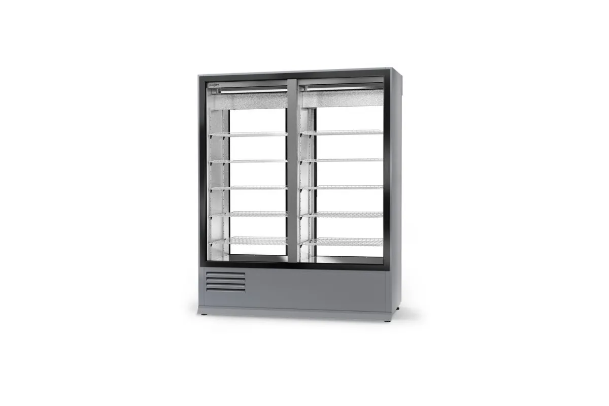 Szafa chłodnicza, dwustronnie przeszklona z szybą stałą od strony klienta, oświetlenie LED oraz z osłoną stopek, typ standard 3