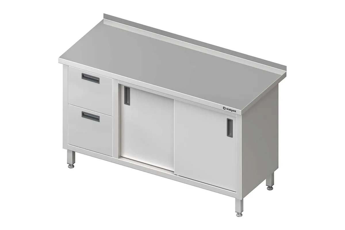 Stół przyścienny z blokiem dwóch szuflad (L),drzwi suwane 1500x700x850 mm Stalgast 980347150