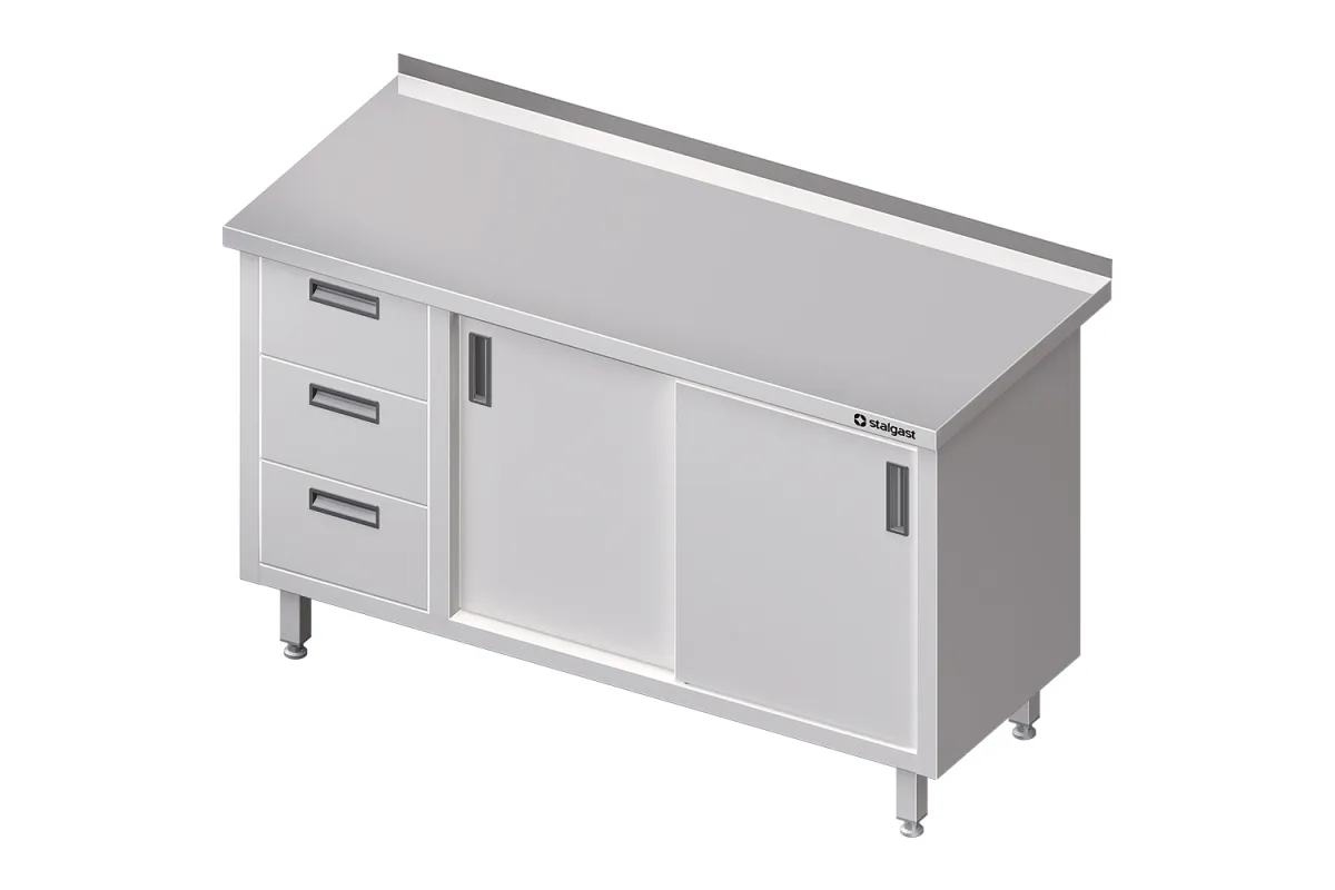 Stół przyścienny z blokiem trzech szuflad (L),drzwi suwane 1500x700x850 mm Stalgast 980467150