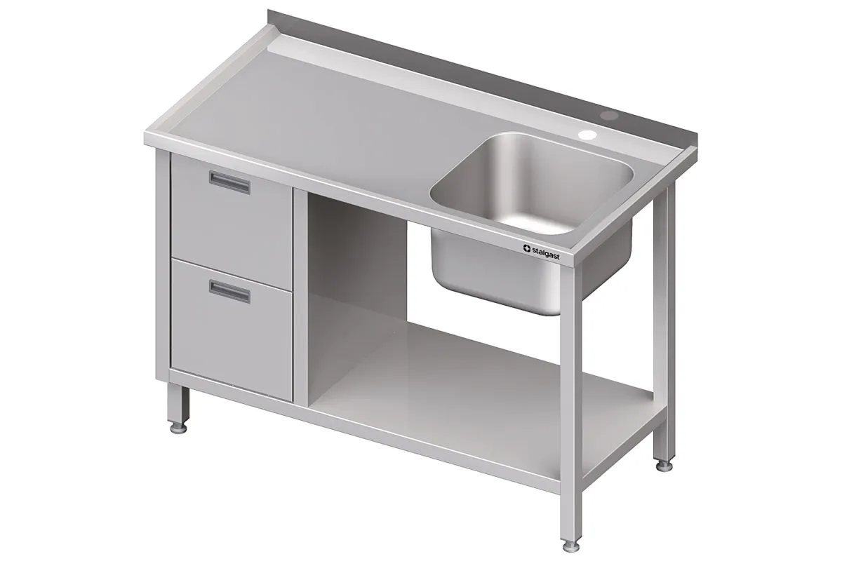Stół ze zlewem 1-kom.(P), z blokiem dwóch szuflad i półką 1300x700x850 mm Stalgast 980997130