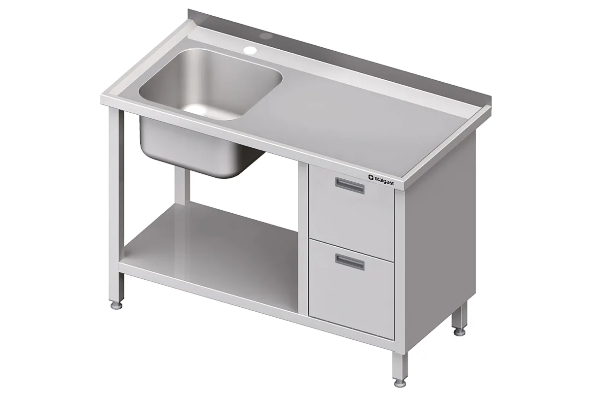 Stół ze zlewem 1-kom.(L), z blokiem dwóch szuflad i półką 1500x600x850 mm Stalgast 981006150