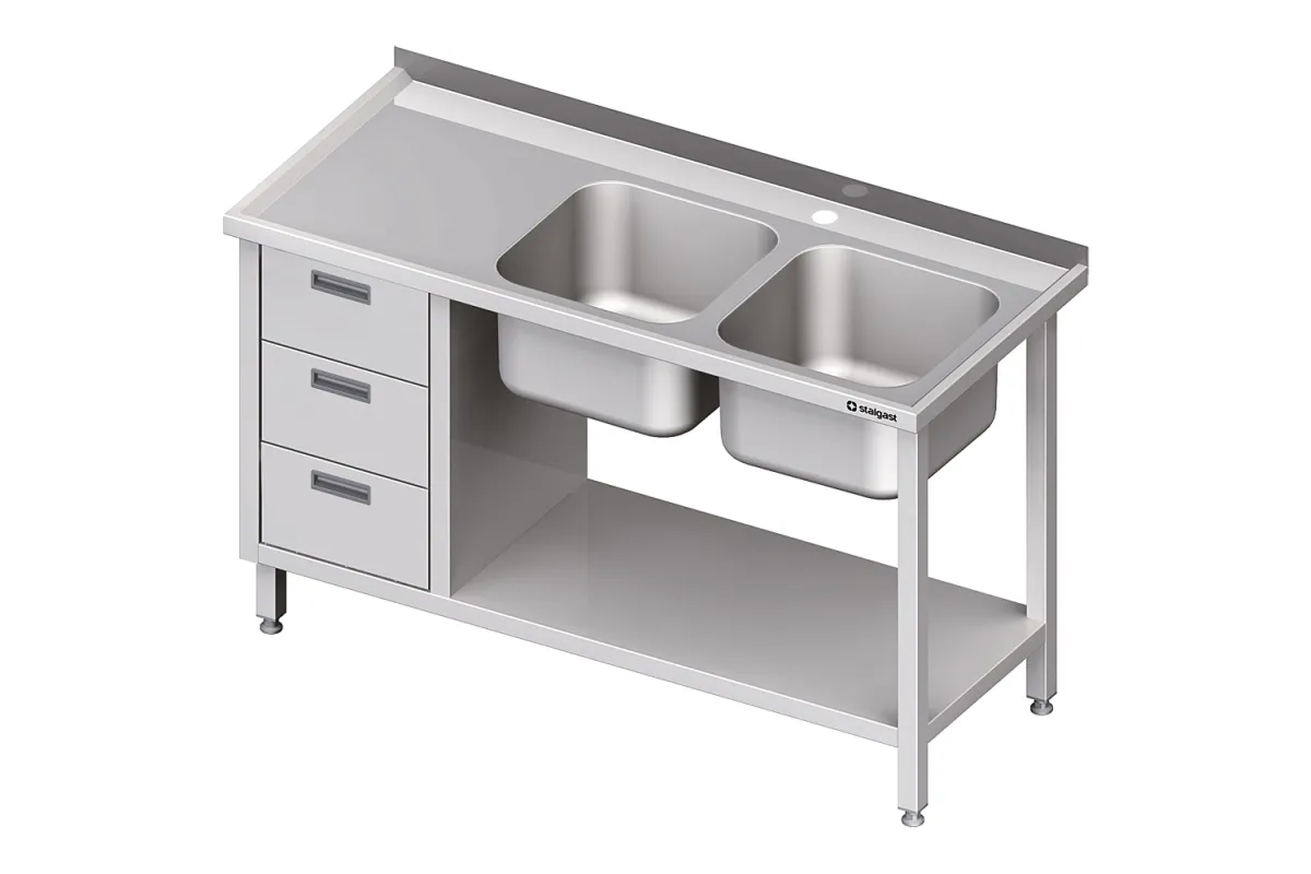 Stół ze zlewem 2-kom.(P), z blokiem trzech szuflad i półką 1400x700x850 mm Stalgast 981097140