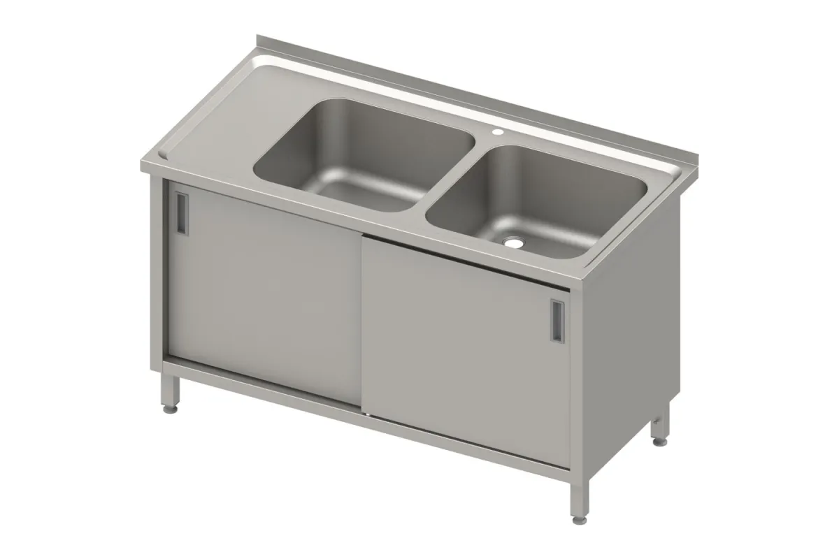 Stół ze zlewem 2-kom.(P),drzwi suwane 1300x700x850 mm, blat tłoczony Stalgast 984007130