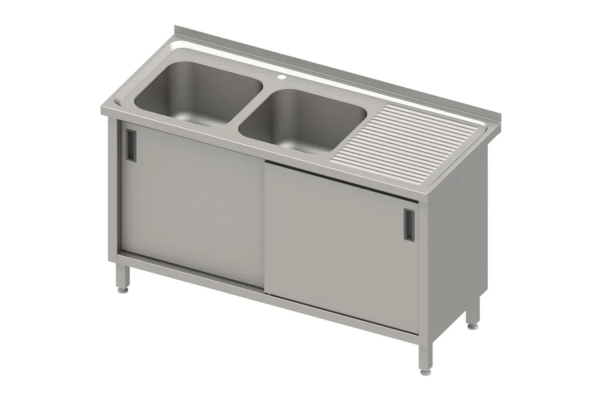 Stół ze zlewem 2-kom.(L),drzwi suwane 1400x600x850 mm, blat tłoczony Stalgast 984016140