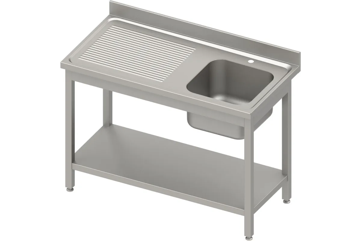 Stół ze zlewem 1-kom.(P),z półką 1200x600x850 mm skręcany, blat tłoczony 100x15x10 Stalgast 984466120
