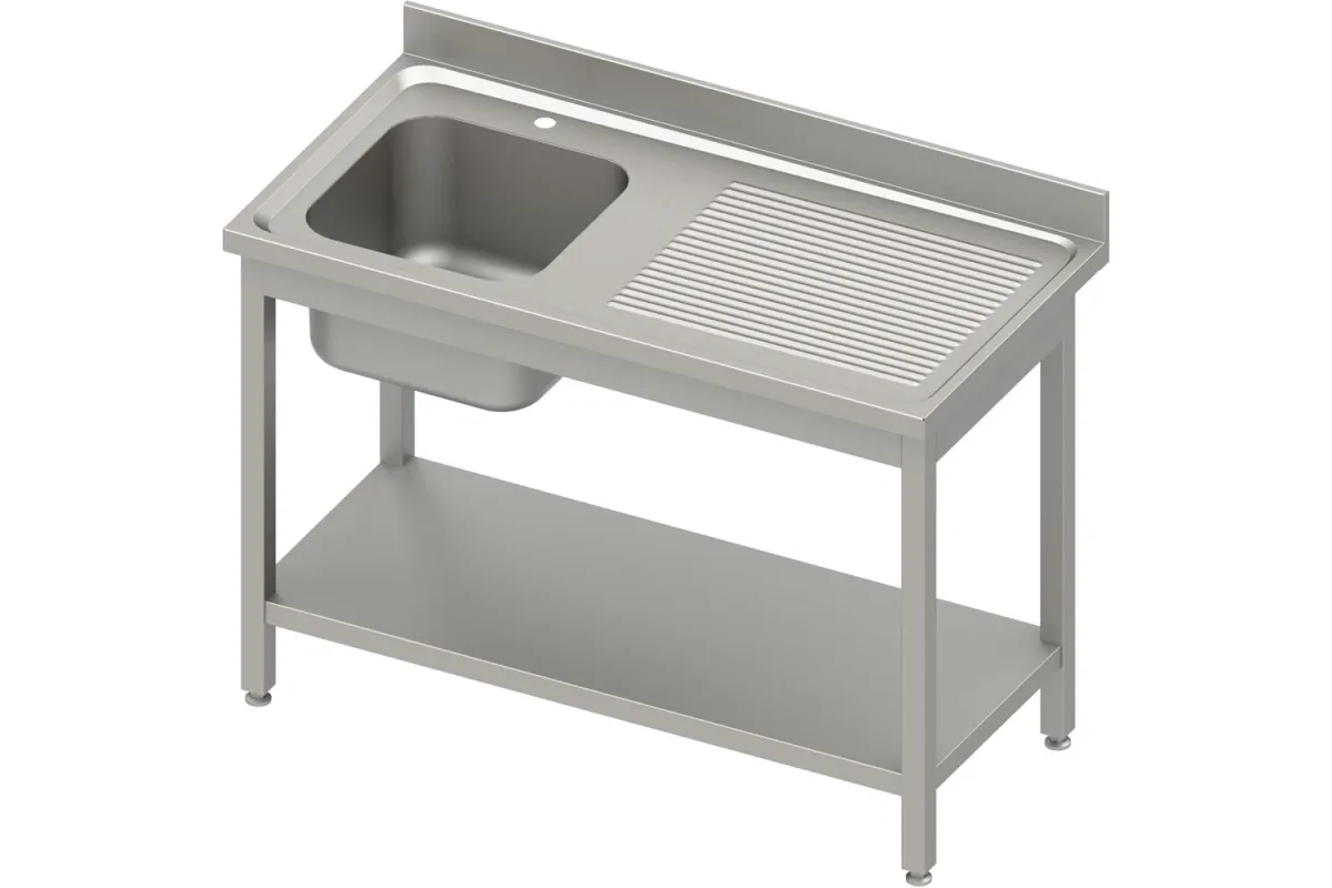 Stół ze zlewem 1-kom.(L),z półką 1200x700x850 mm skręcany, blat tłoczony 100x15x10 Stalgast 984477120