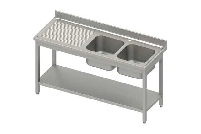 Stół ze zlewem 2-kom.(P),z półką 1400x600x850 mm skręcany, blat tłoczony 100x15x10 Stalgast 984596140