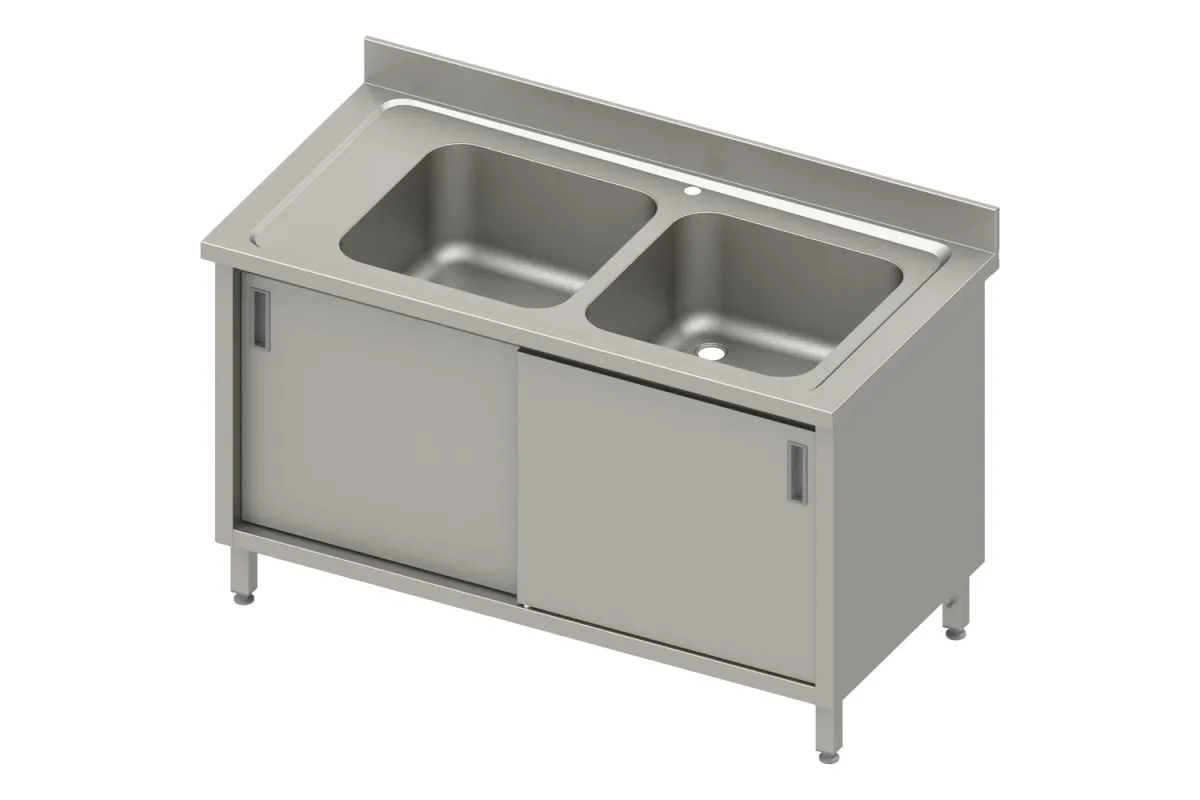 Stół ze zlewem 2-kom.(P),drzwi suwane 1300x700x850 mm, blat tłoczony 100x15x10 Stalgast 984657130
