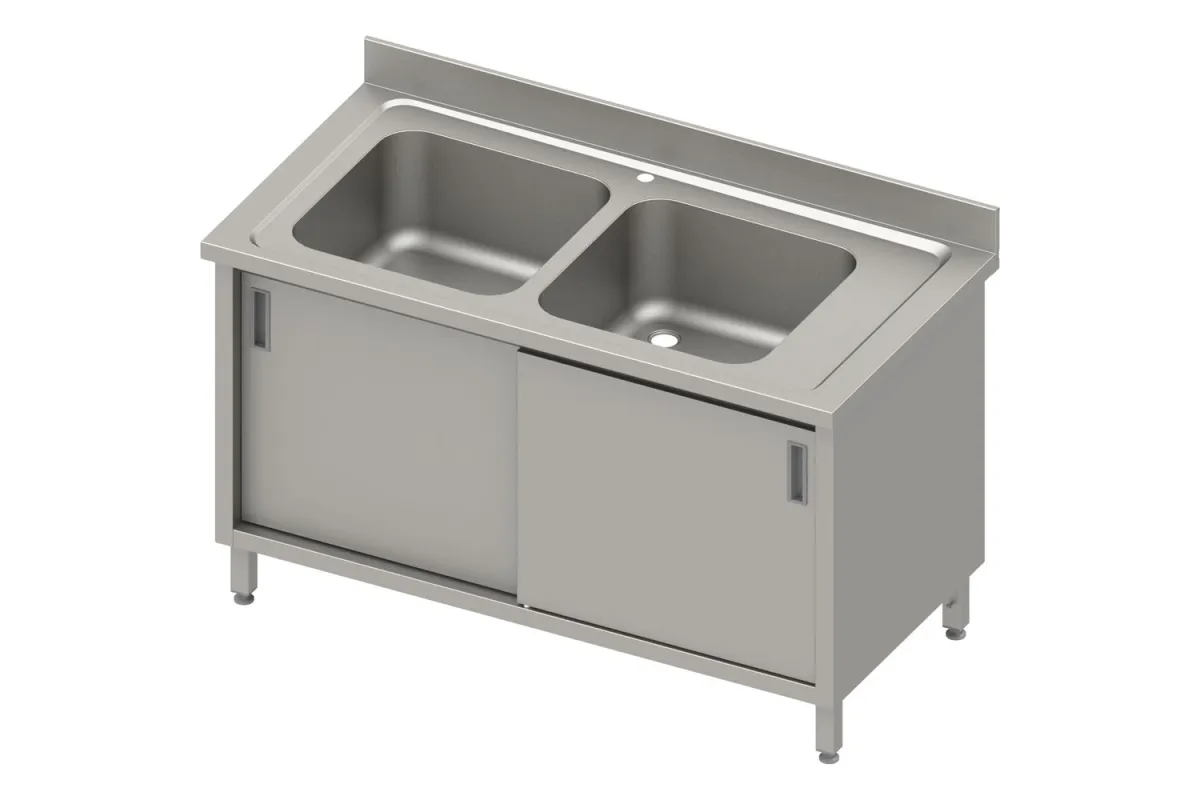 Stół ze zlewem 2-kom.(L),drzwi suwane 1300x700x850 mm, blat tłoczony 100x15x10 Stalgast 984667130