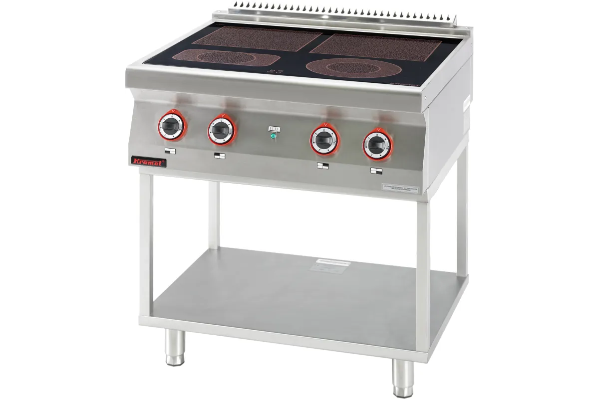 Kuchnia elektryczna ceramiczna 4 pola 2x4kW + 2x2,1kW na podstawie szkieletowej 800x700x900 Kromet 700.KE-4C.T